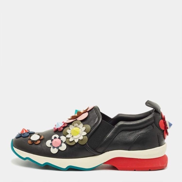 Floral Embellished Black Slip-On Sneakers - Picture 2 of 8